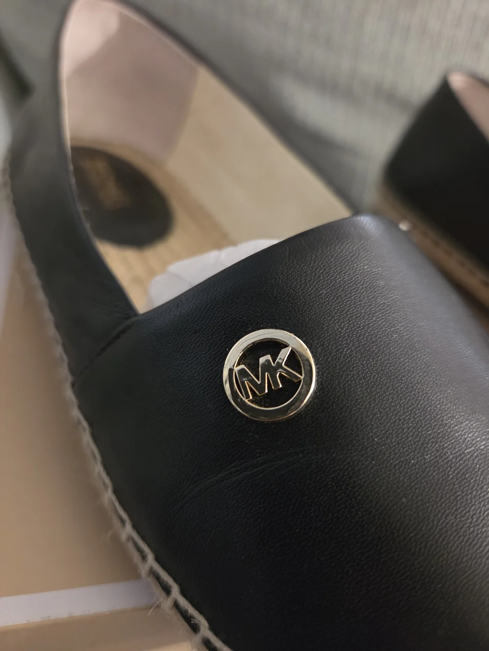 Michael Kors Black Espadrille Slip-On with Tan Jute Sole and Gold MK Charm